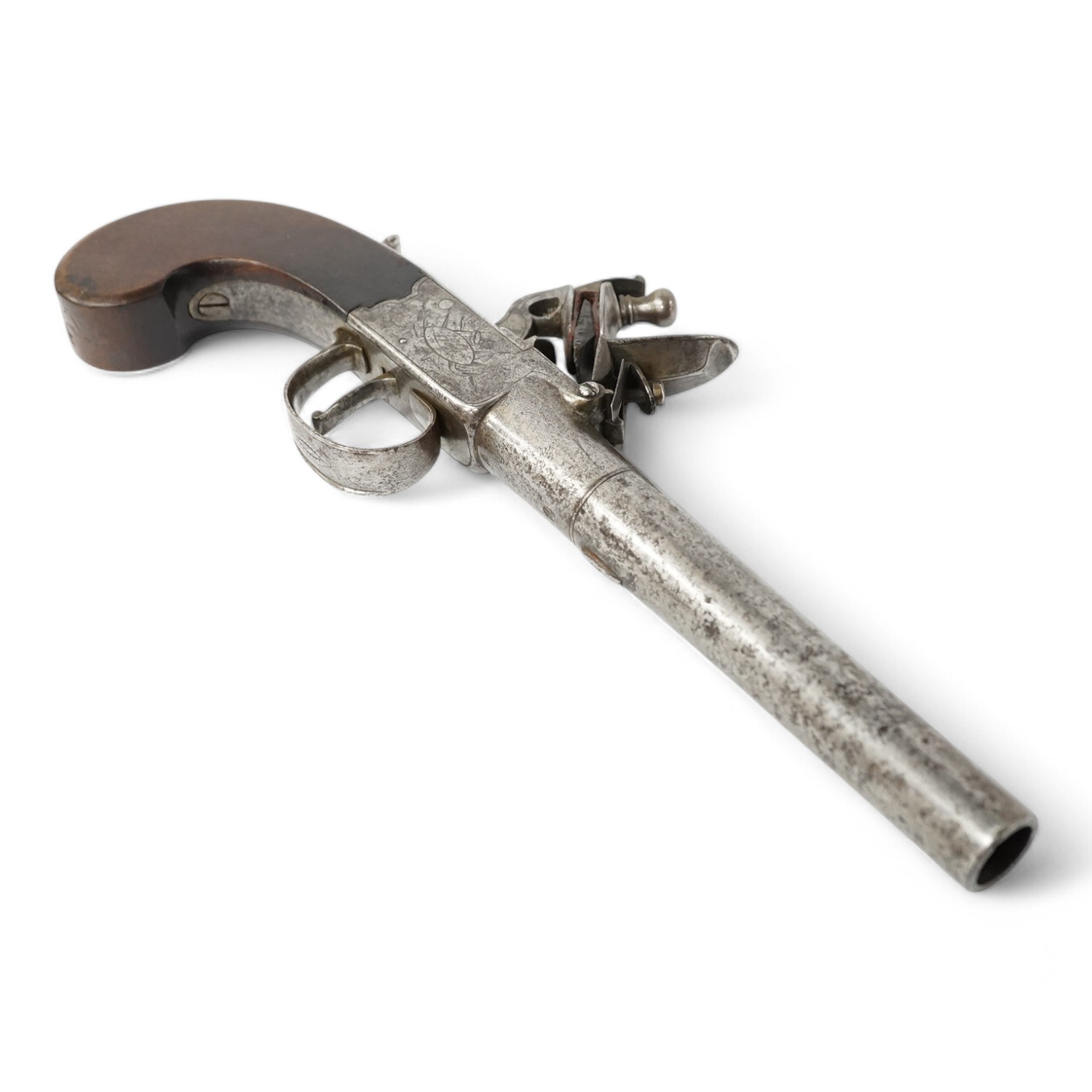 A 16 bore boxlock flintlock overcoat pistol by Ezekiel Baker, with turn off barrel, 11.5cm, London proved, frame signed within ovals upon flag trophies, sliding top thumb safety locks frizzen fence, slab walnut grip, 27c